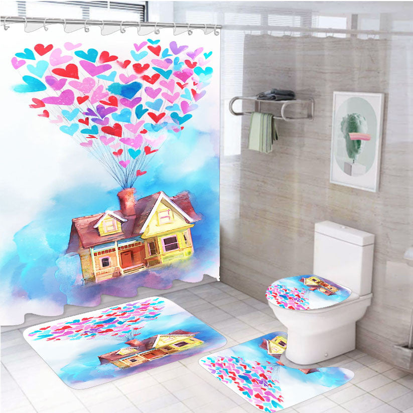 Up Home Heart Balloons 4Pcs Bathroom Non-Slip Rugs Shower Curtain Fabric Waterproof