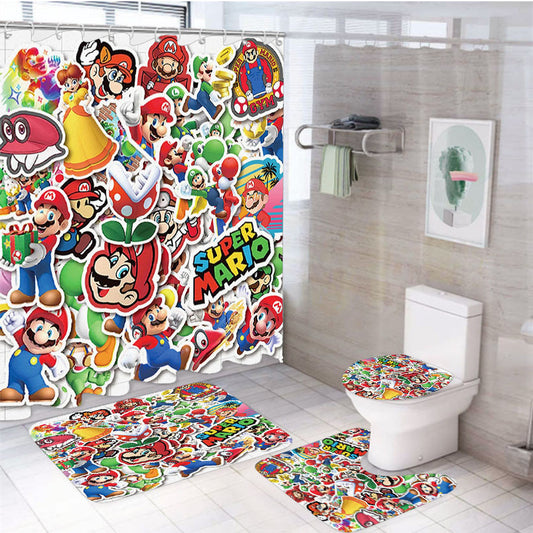 Uper Mario All Characters Sticker 4Pcs Bathroom Non-Slip Rugs Shower Curtain Fabric Waterproof