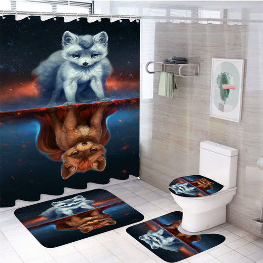 Upside Down Mirror Vulpix Pokemon 4Pcs Bathroom Non-Slip Rugs Shower Curtain Fabric Waterproof