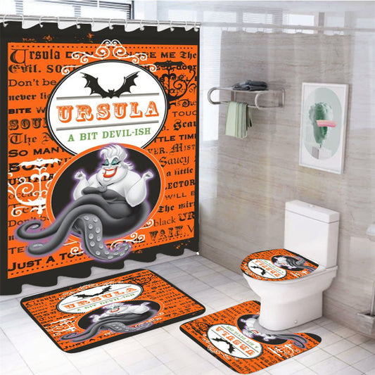 Ursula A Bit Devil Ish 4Pcs Bathroom Non-Slip Rugs Shower Curtain Fabric Waterproof