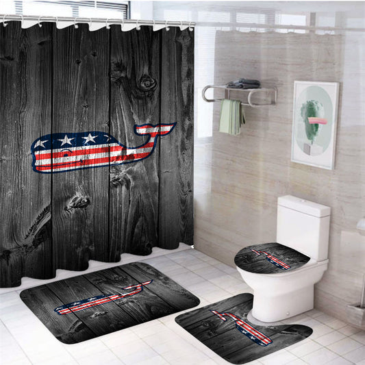Us Flag Vineyard Vines Whale Logo Dark Wood 4Pcs Bathroom Non-Slip Rugs Shower Curtain Fabric Waterproof