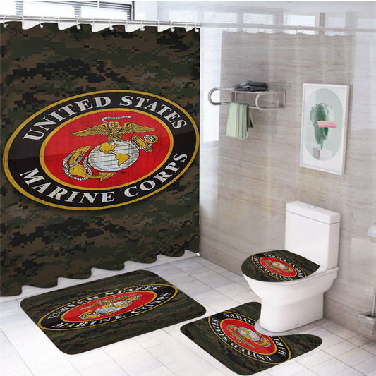 Us Marine Corps 4Pcs Bathroom Non-Slip Rugs Shower Curtain Fabric Waterproof