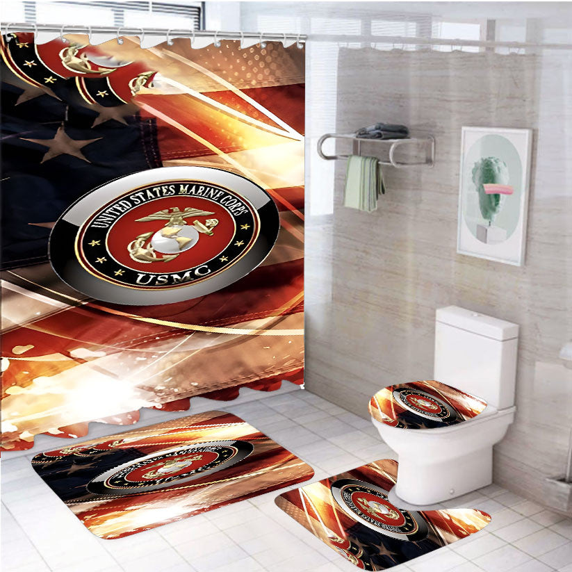 Us Marine Corps Usmc 2 4Pcs Bathroom Non-Slip Rugs Shower Curtain Fabric Waterproof