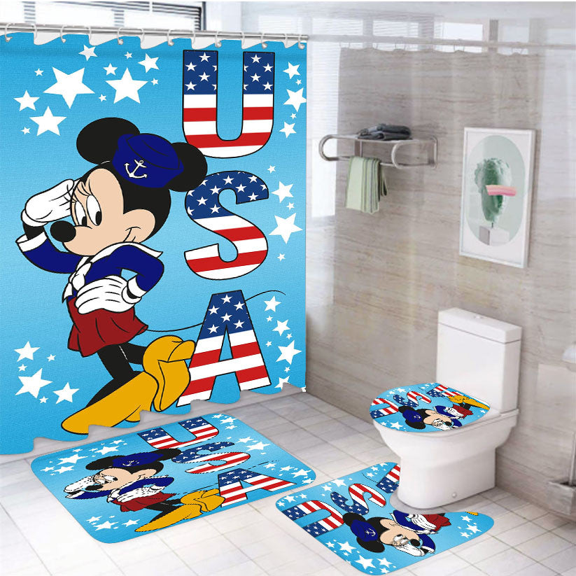 Usa Minnie 4Pcs Bathroom Non-Slip Rugs Shower Curtain Fabric Waterproof