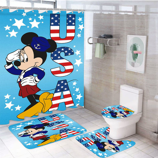 Usa Minnie 4Pcs Bathroom Non-Slip Rugs Shower Curtain Fabric Waterproof