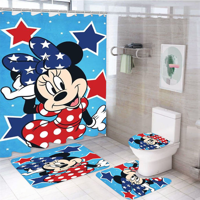 Usa Stars Minnie Mouse 4Pcs Bathroom Non-Slip Rugs Shower Curtain Fabric Waterproof