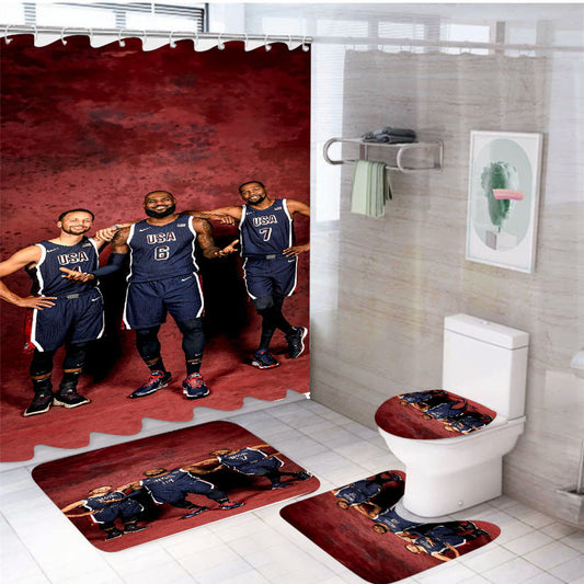 Usa Team 4Pcs Bathroom Non-Slip Rugs Shower Curtain Fabric Waterproof