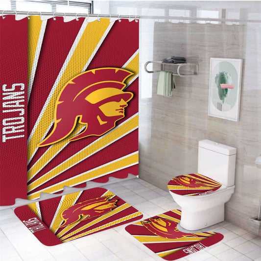 Usc Trojans Stripe Wallpaper 4Pcs Bathroom Non-Slip Rugs Shower Curtain Fabric Waterproof