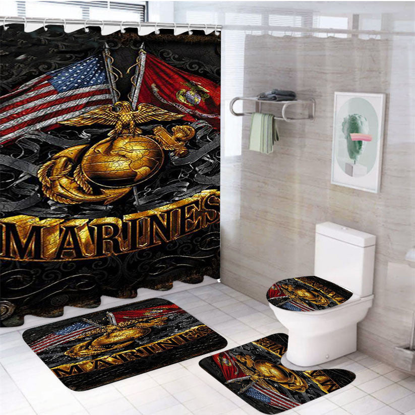 Usmc Marine Logo 4Pcs Bathroom Non-Slip Rugs Shower Curtain Fabric Waterproof