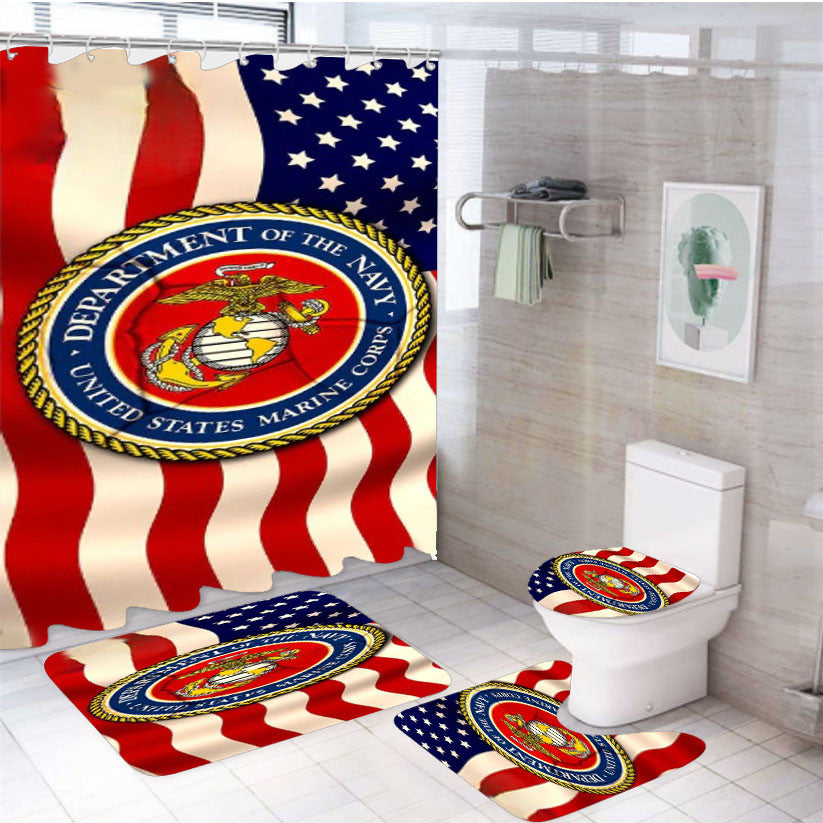 Usmc Us Marine Corps New 4Pcs Bathroom Non-Slip Rugs Shower Curtain Fabric Waterproof