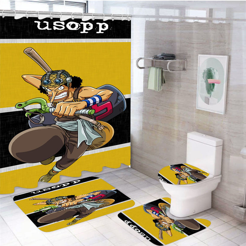 Usopp One Piece 4Pcs Bathroom Non-Slip Rugs Shower Curtain Fabric Waterproof
