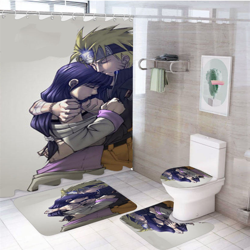 Utsumaki Naruto Hinata Hyuga 4Pcs Bathroom Non-Slip Rugs Shower Curtain Fabric Waterproof