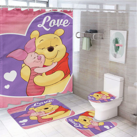 Valentines Day Winnie The Pooh 4Pcs Bathroom Non-Slip Rugs Shower Curtain Fabric Waterproof