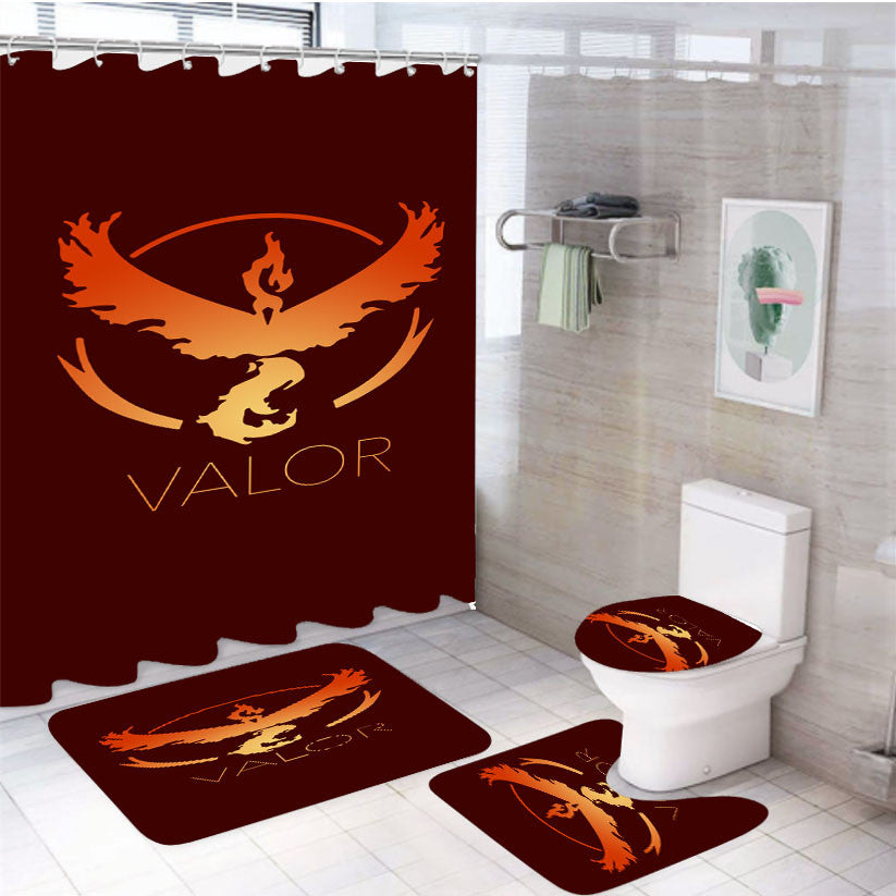 Valor Team Pokemon 4Pcs Bathroom Non-Slip Rugs Shower Curtain Fabric Waterproof
