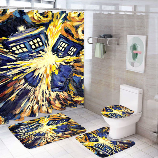 Van Gogh Exploded Tardis Art Painting 4Pcs Bathroom Non-Slip Rugs Shower Curtain Fabric Waterproof