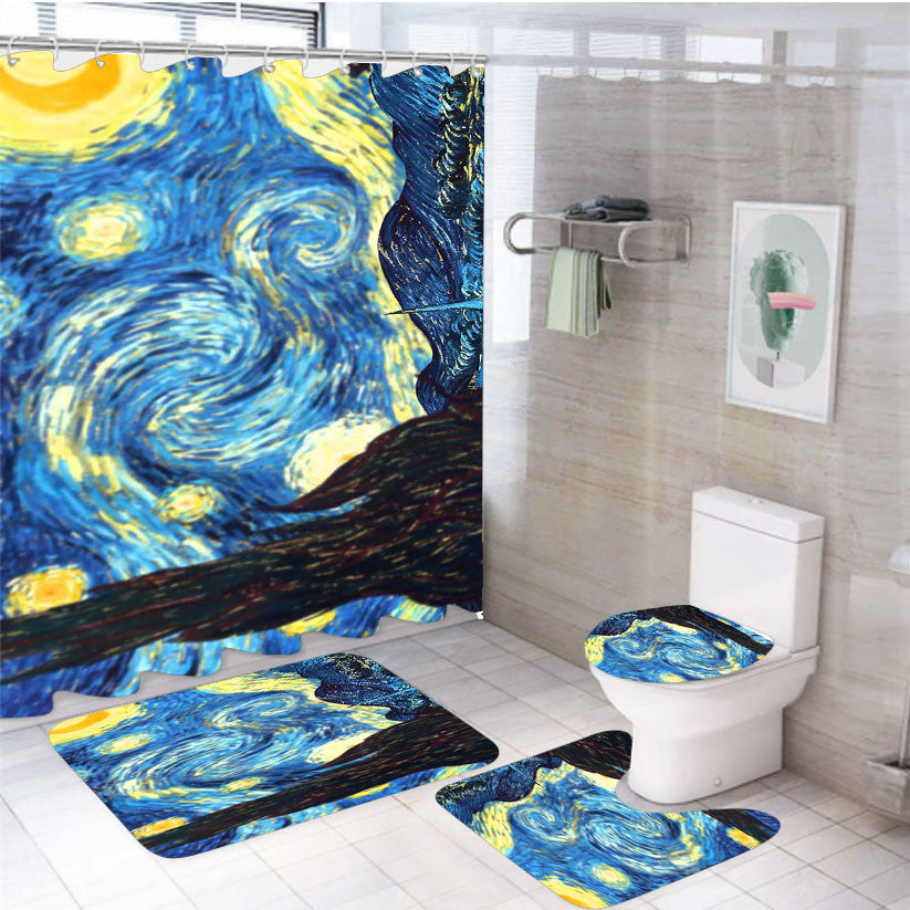 Van Gogh Harry Potter Paintings Starry Night 4Pcs Bathroom Non-Slip Rugs Shower Curtain Fabric Waterproof