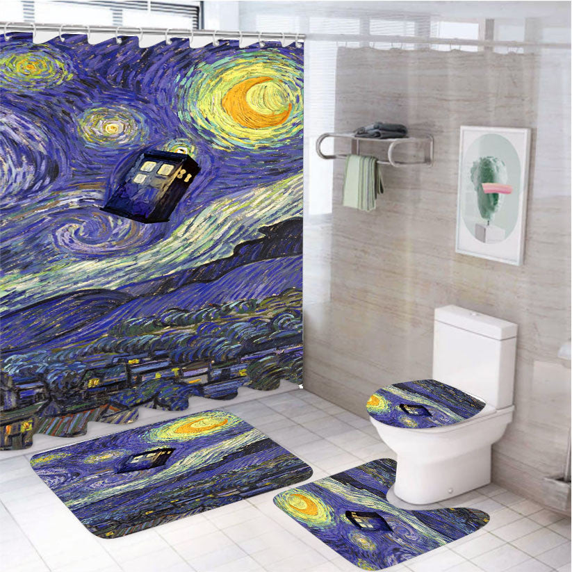 Van Gogh Tardis Starry Night Art Painting 4Pcs Bathroom Non-Slip Rugs Shower Curtain Fabric Waterproof