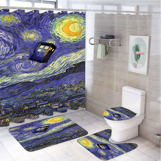 Van Gogh Tardis Starry Night Art Painting 4Pcs Bathroom Non-Slip Rugs Shower Curtain Fabric Waterproof