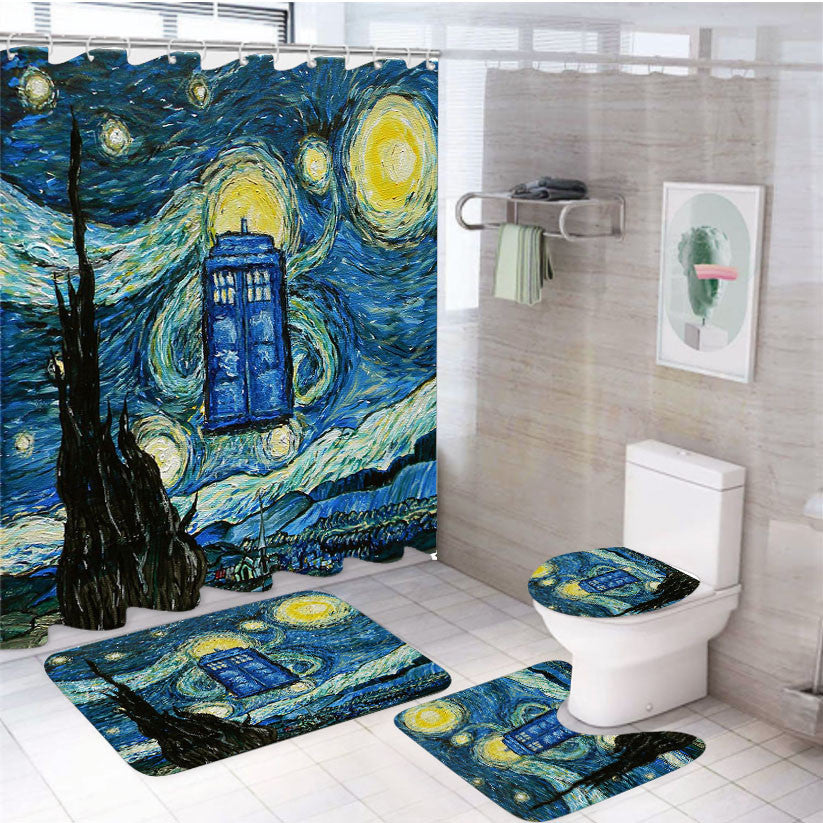 Van Gogh Tardis Paint 4Pcs Bathroom Non-Slip Rugs Shower Curtain Fabric Waterproof