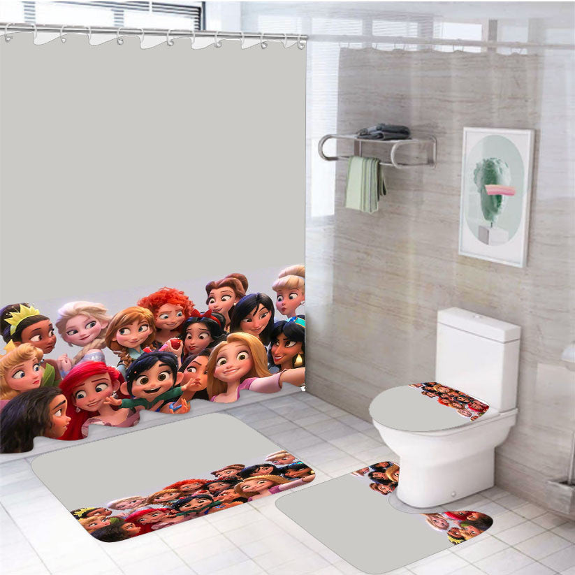 Vanellope Meets The Disney Princesses 4Pcs Bathroom Non-Slip Rugs Shower Curtain Fabric Waterproof