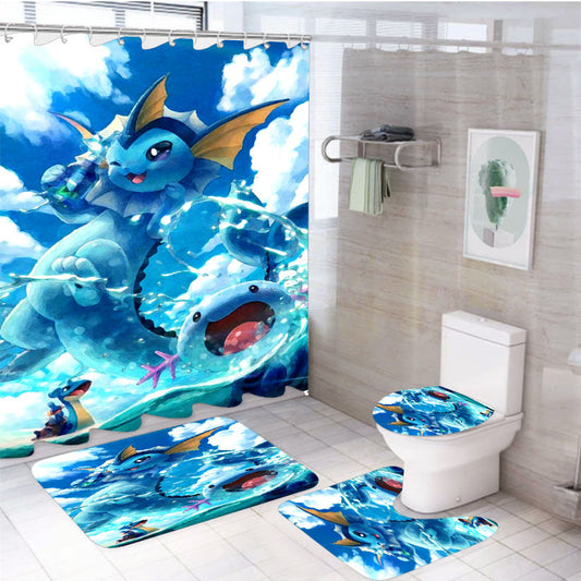 Vaporeon And Friends Pokemon Water 4Pcs Bathroom Non-Slip Rugs Shower Curtain Fabric Waterproof