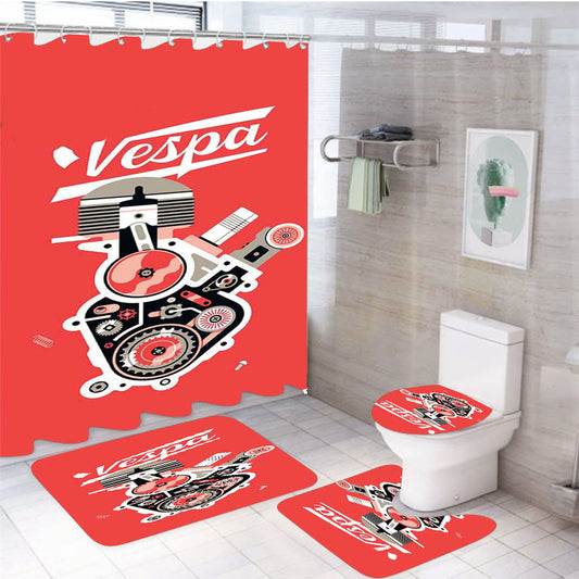 Vespa Engine 4Pcs Bathroom Non-Slip Rugs Shower Curtain Fabric Waterproof