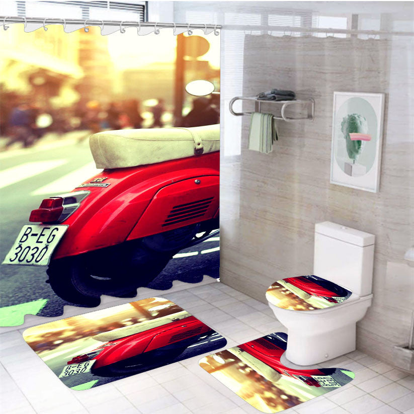 Vespa Scooter 2 4Pcs Bathroom Non-Slip Rugs Shower Curtain Fabric Waterproof