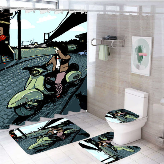 Vespa The City Life 4Pcs Bathroom Non-Slip Rugs Shower Curtain Fabric Waterproof