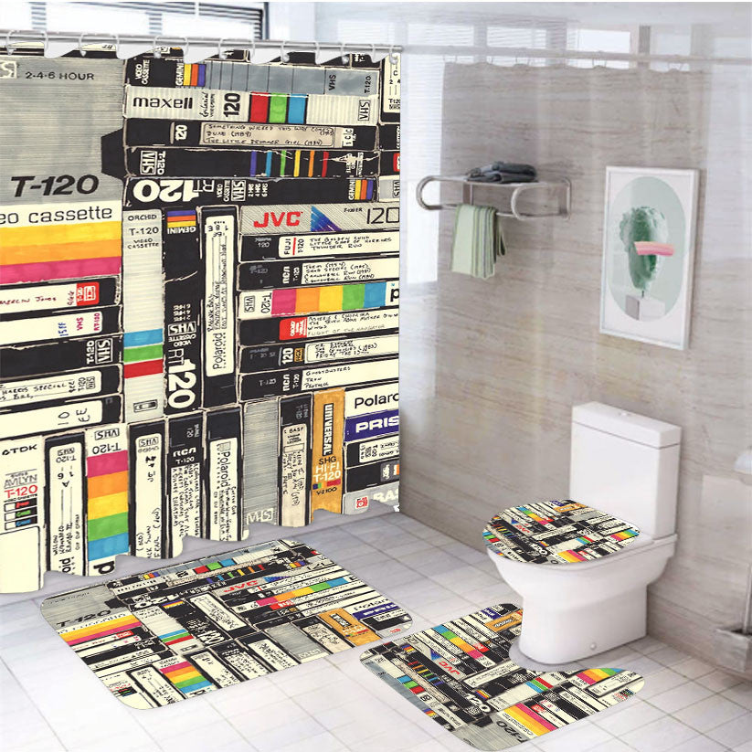 Vhs Drawing 4Pcs Bathroom Non-Slip Rugs Shower Curtain Fabric Waterproof
