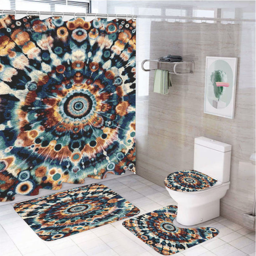 Vibrant Pollack Tie Dye Mandala 4Pcs Bathroom Non-Slip Rugs Shower Curtain Fabric Waterproof