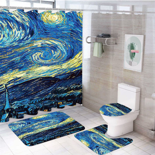 Vicent Van Gogh Starry Night Art Classic 4Pcs Bathroom Non-Slip Rugs Shower Curtain Fabric Waterproof