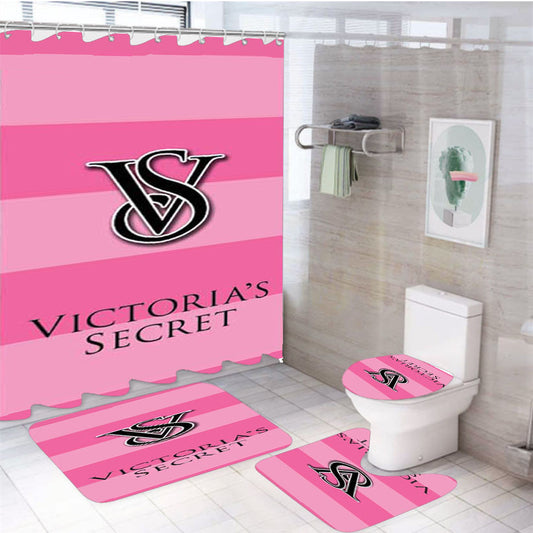 Victoria'S Secret Logo Stripes 4Pcs Bathroom Non-Slip Rugs Shower Curtain Fabric Waterproof