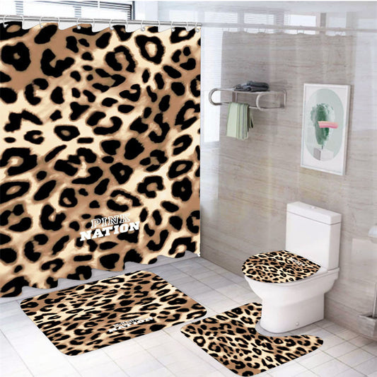 Victoria Secret Pink Nation Leopard 4Pcs Bathroom Non-Slip Rugs Shower Curtain Fabric Waterproof