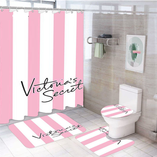 Victoria Secret Stripes Wht Tall 4Pcs Bathroom Non-Slip Rugs Shower Curtain Fabric Waterproof
