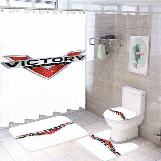 Victory Motor Cycles White 4Pcs Bathroom Non-Slip Rugs Shower Curtain Fabric Waterproof