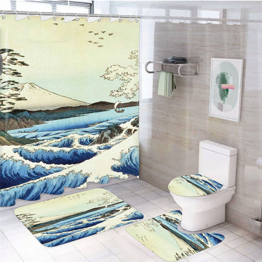 View From Satta Suruga Province 4Pcs Bathroom Non-Slip Rugs Shower Curtain Fabric Waterproof