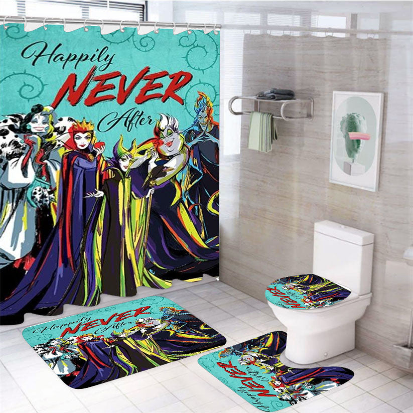 Villains Happily Never After 4Pcs Bathroom Non-Slip Rugs Shower Curtain Fabric Waterproof