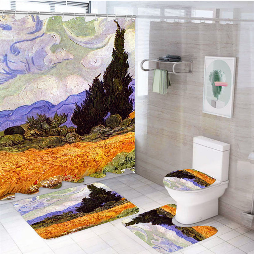 Vincent Van Gogh Wheat Field With Cypresses 4Pcs Bathroom Non-Slip Rugs Shower Curtain Fabric Waterproof