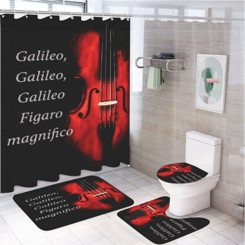 Violin 4Pcs Bathroom Non-Slip Rugs Shower Curtain Fabric Waterproof