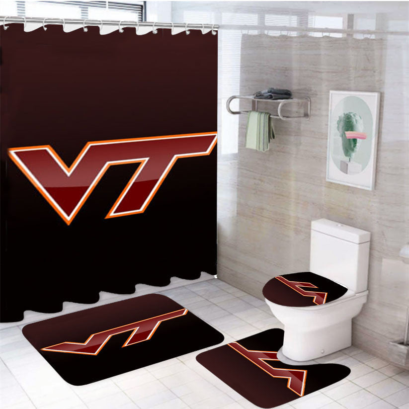 Virginia Tech 4Pcs Bathroom Non-Slip Rugs Shower Curtain Fabric Waterproof