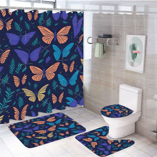 Vivid Color Butterfly Patterns 4Pcs Bathroom Non-Slip Rugs Shower Curtain Fabric Waterproof
