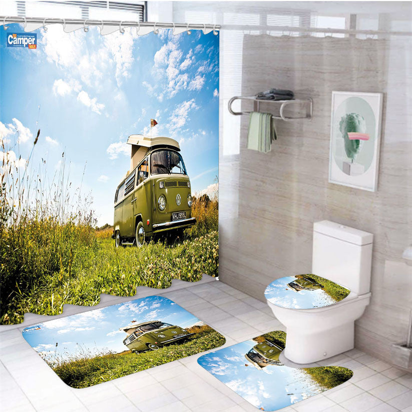 Volkswagen Bus 4Pcs Bathroom Non-Slip Rugs Shower Curtain Fabric Waterproof