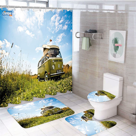 Volkswagen Bus 4Pcs Bathroom Non-Slip Rugs Shower Curtain Fabric Waterproof