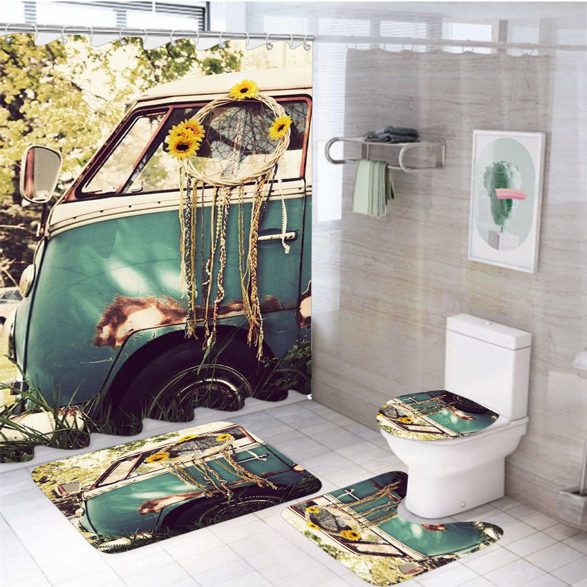 Volkswagen Bus 2 4Pcs Bathroom Non-Slip Rugs Shower Curtain Fabric Waterproof