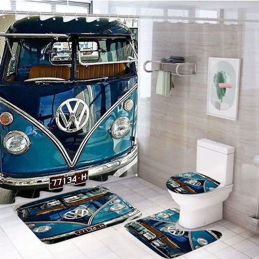 Volkswagen Classic Hdr 4Pcs Bathroom Non-Slip Rugs Shower Curtain Fabric Waterproof