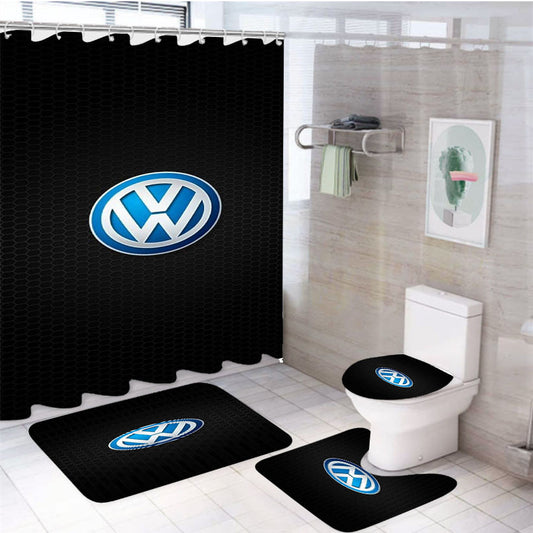 Volkwages Car Carbon Fiber Logo Wallpaper 4Pcs Bathroom Non-Slip Rugs Shower Curtain Fabric Waterproof