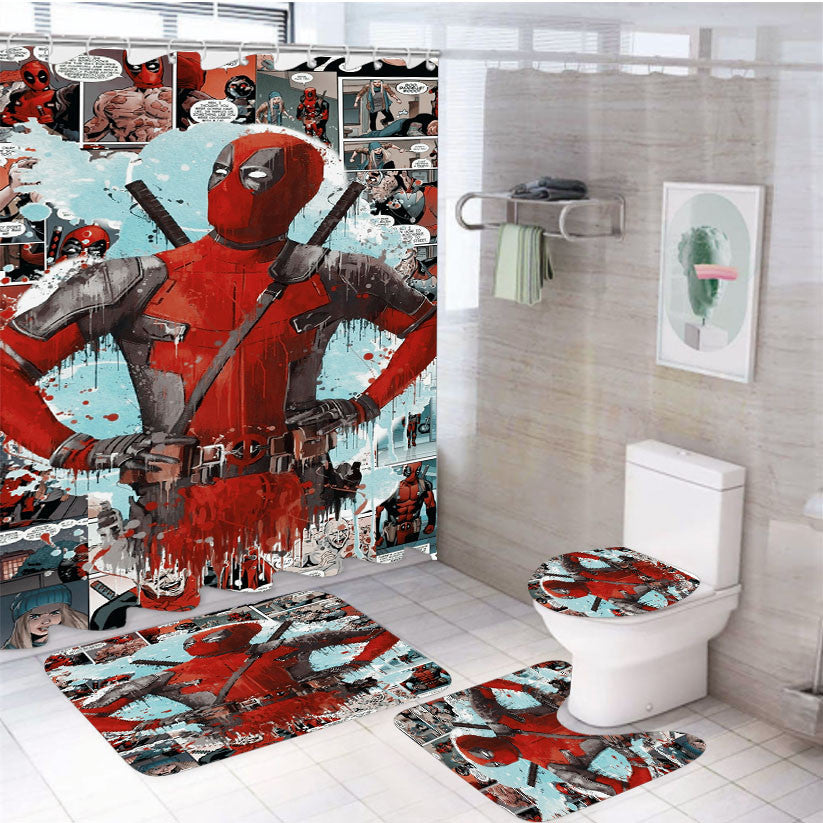 Wade Deadpool Comic Painting Artwork 4Pcs Bathroom Non-Slip Rugs Shower Curtain Fabric Waterproof
