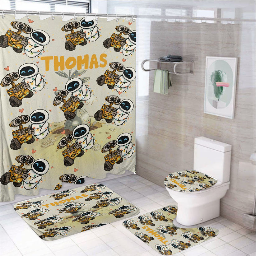 Wall-E And Eve 4Pcs Bathroom Non-Slip Rugs Shower Curtain Fabric Waterproof
