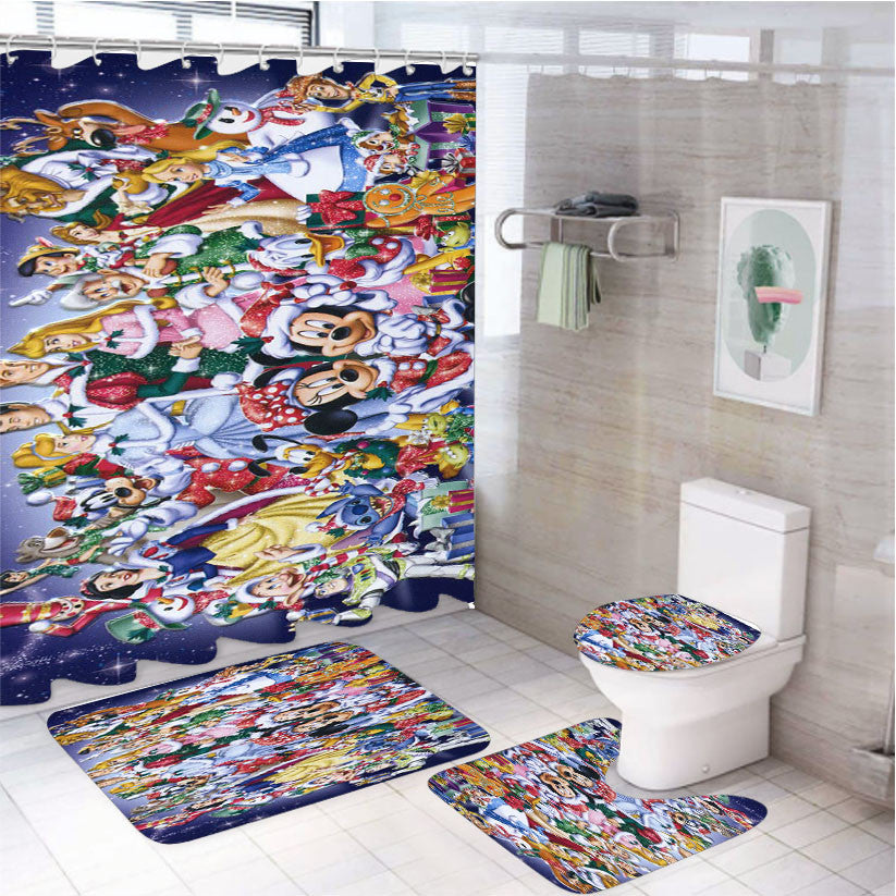 Walt Disney Christmas All Character Design 4Pcs Bathroom Non-Slip Rugs Shower Curtain Fabric Waterproof