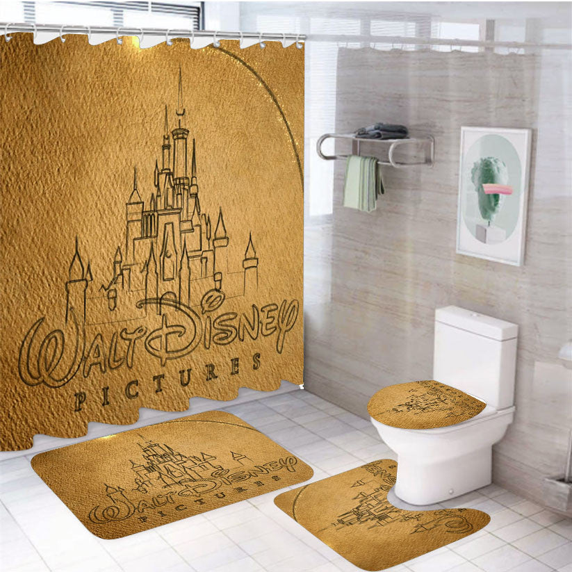 Walt Disney Logo Sketch 4Pcs Bathroom Non-Slip Rugs Shower Curtain Fabric Waterproof